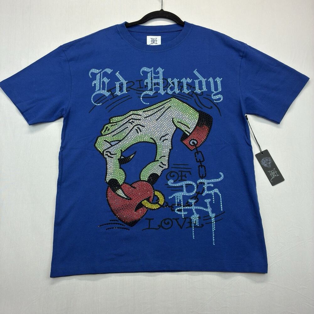 Ed Hardy T Shirt Men’s Small Blue Graphic Rhinestone Tattoo NWT Y2K